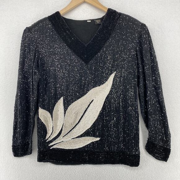 SEQUINED Blouse M Silk Crepe Fully Beaded Heavy Embellished V-Neck Vintage Black - Picture 1 of 11